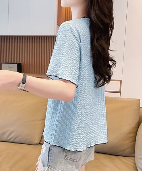 shoppinggo（ショッピングゴー）の「夏服Tシャツ レディース トップス クールネック 半袖Tシャツ 無地 シンプル 韓国ファッション（Tシャツ/カットソー・レディース・ブルー/ピンク/ベージュ・M）」の9枚目の写真