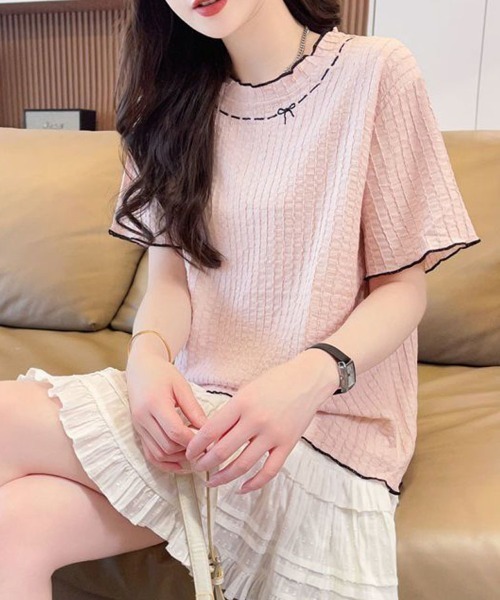 shoppinggo（ショッピングゴー）の「夏服Tシャツ レディース トップス クールネック 半袖Tシャツ 無地 シンプル 韓国ファッション（Tシャツ/カットソー・レディース・ブルー/ピンク/ベージュ・M）」の10枚目の写真