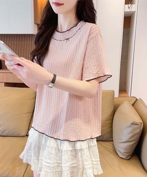 shoppinggo（ショッピングゴー）の「夏服Tシャツ レディース トップス クールネック 半袖Tシャツ 無地 シンプル 韓国ファッション（Tシャツ/カットソー・レディース・ブルー/ピンク/ベージュ・M）」の11枚目の写真