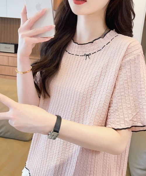 shoppinggo（ショッピングゴー）の「夏服Tシャツ レディース トップス クールネック 半袖Tシャツ 無地 シンプル 韓国ファッション（Tシャツ/カットソー・レディース・ブルー/ピンク/ベージュ・M）」の5枚目の写真