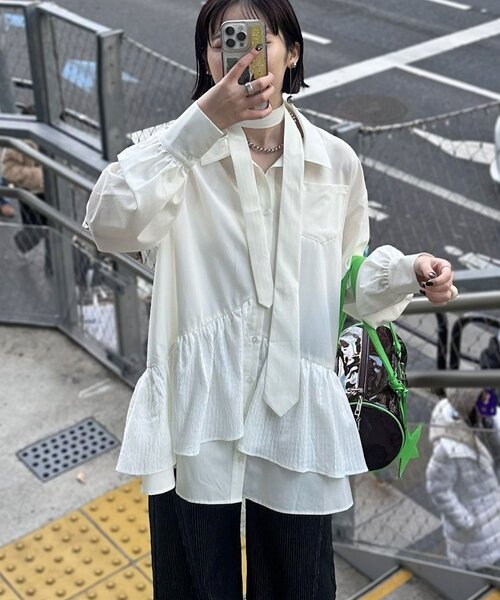 CIAOPANIC（チャオパニック）の「【長袖ver.】ネクタイ付きティアードチュニックシャツワンピース（シャツ/ブラウス・レディース・グリーン/ブルー/イエロー/ピンク/ベージュ/ブラック/ホワイト/サックスブルー/サンドベージュ・ONE SIZE）」の10枚目の写真