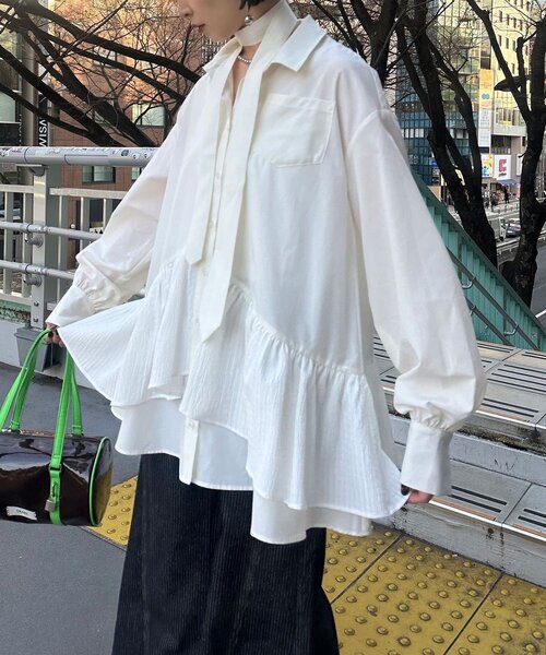 CIAOPANIC（チャオパニック）の「【長袖ver.】ネクタイ付きティアードチュニックシャツワンピース（シャツ/ブラウス・レディース・グリーン/ブルー/イエロー/ピンク/ベージュ/ブラック/ホワイト/サックスブルー/サンドベージュ・ONE SIZE）」の12枚目の写真