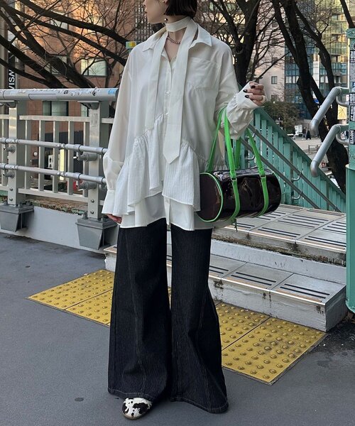 CIAOPANIC（チャオパニック）の「【長袖ver.】ネクタイ付きティアードチュニックシャツワンピース（シャツ/ブラウス・レディース・グリーン/ブルー/イエロー/ピンク/ベージュ/ブラック/ホワイト/サックスブルー/サンドベージュ・ONE SIZE）」の13枚目の写真