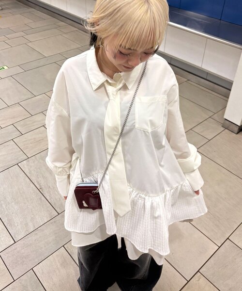 CIAOPANIC（チャオパニック）の「【長袖ver.】ネクタイ付きティアードチュニックシャツワンピース（シャツ/ブラウス・レディース・グリーン/ブルー/イエロー/ピンク/ベージュ/ブラック/ホワイト/サックスブルー/サンドベージュ・ONE SIZE）」の14枚目の写真