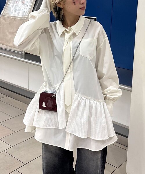 CIAOPANIC（チャオパニック）の「【長袖ver.】ネクタイ付きティアードチュニックシャツワンピース（シャツ/ブラウス・レディース・グリーン/ブルー/イエロー/ピンク/ベージュ/ブラック/ホワイト/サックスブルー/サンドベージュ・ONE SIZE）」の16枚目の写真