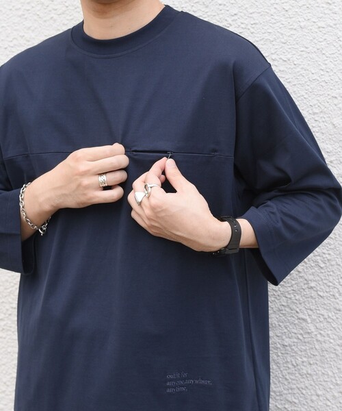 SHIPS any(シップス エニィ)の「〈洗濯機可能〉ピマ コットン ワンポイント 刺繍 7分袖 ポケット Tシャツ◇(Tシャツ/カットソー・メンズ・ホワイト/ブラック/ネイビー・SMALL/MEDIUM/LARGE/X-LARGE)」の1枚目の写真