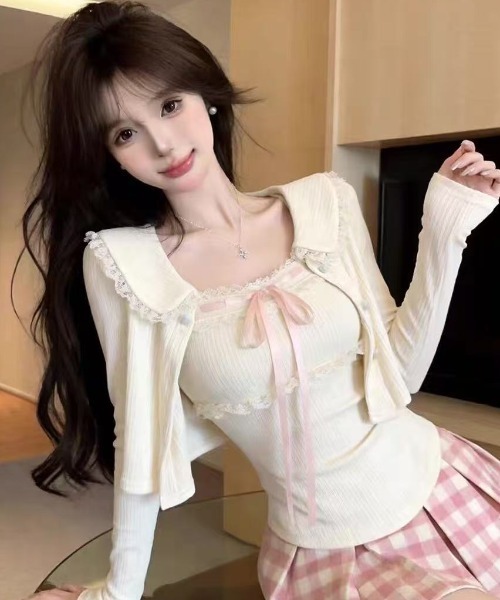 AVYL(アヴィル)の「レースフリルボレロ+リボンキャミソールアンサンブルニット(ニット/セーター・レディース・グレー/ブラック/アイボリー・M)」の6枚目の写真