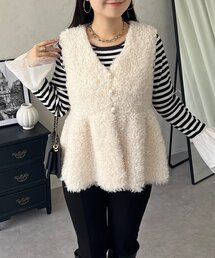 パールボタンペプラムファーベスト