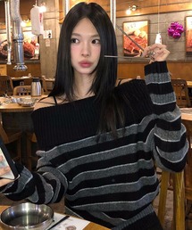 オフショルダー ボーダーニット ゆったりシルエット 秋冬レディーストップス