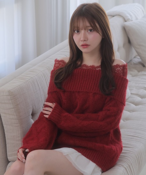 LIPSERVICE(リップサービス)の「レースオフショルダイヤケーブルニット(ニット/セーター・レディース・アイボリー/ピンク/ボルドー・FREE)」の21枚目の写真