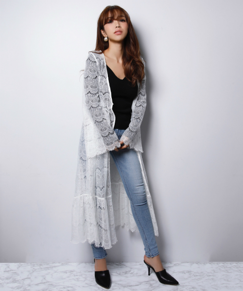 EIMY ISTOIRE(エイミーイストワール)の「lace long cardigan(カーディガン/ボレロ・レディース・オフホワイト/ベージュ/ブラック・FREE)」の2枚目の写真