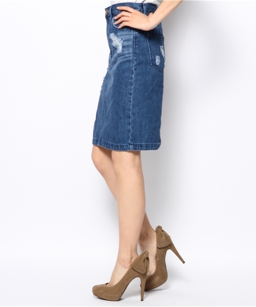 VENCEEXCHANGE（ヴァンスエクスチェンジ）の「クラッシュデニムハイウエストペンシルスカート（スカート・レディース・ブルー・MEDIUM/SMALL）」の2枚目の写真