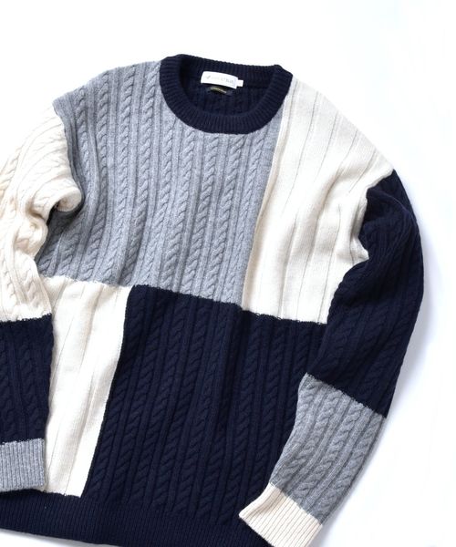 SHIPS JET BLUE（シップスジェットブルー）の「SHIPS JET BLUE: パッチワーク ジャカードクルーネックニット2（ニット/セーター・メンズ・ナチュラル/グレー系その他/コバルトブルー・X-SMALL/SMALL/MEDIUM/LARGE）」の3枚目の写真