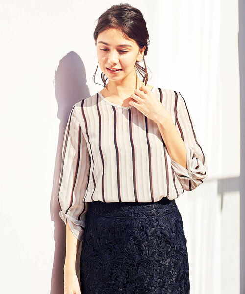 シフォンストライプ袖コンシャス七分袖ブラウス シャツ ブラウス トップス セール Naracamicie ナラカミーチェ のファッション