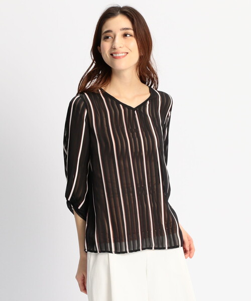 シフォンストライプ袖コンシャス七分袖ブラウス シャツ ブラウス トップス セール Naracamicie ナラカミーチェ のファッション