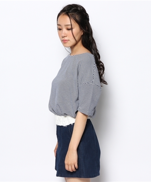 CIAOPANIC（チャオパニック）の「【Ciaopanic】半袖グログランWゴムPO（Tシャツ/カットソー・レディース・ホワイト/ネイビー・FREE）」の3枚目の写真