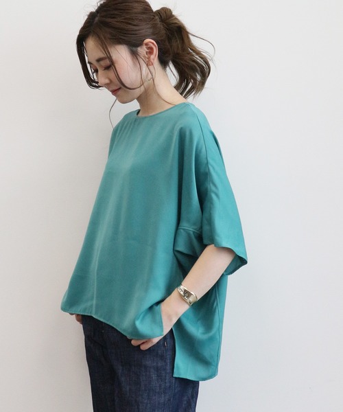 AMERICAN HOLIC（アメリカンホリック）の「ドルマン裾スリットドレープブラウス　＊〇（シャツ/ブラウス・レディース・ドット/アイボリー/グリーン/ネイビー・FREE）」の2枚目の写真