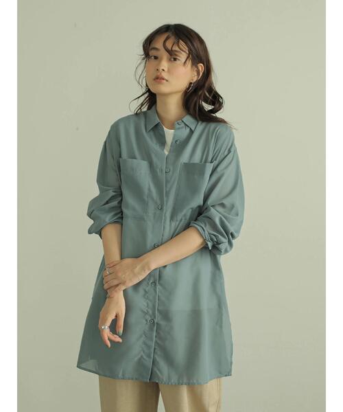 AMERICAN HOLIC（アメリカンホリック）の「BIGポケットシアーシャツチュニック　〇＊（チュニック・レディース・チャコールグレー/ブラウン/サックスブルー/グレイッシュベージュ・FREE）」の4枚目の写真