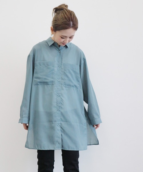 AMERICAN HOLIC（アメリカンホリック）の「BIGポケットシアーシャツチュニック　〇＊（チュニック・レディース・チャコールグレー/ブラウン/サックスブルー/グレイッシュベージュ・FREE）」の7枚目の写真