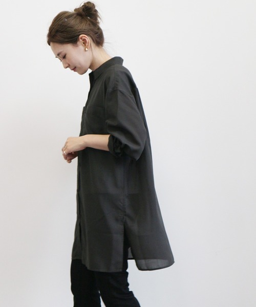 AMERICAN HOLIC（アメリカンホリック）の「BIGポケットシアーシャツチュニック　〇＊（チュニック・レディース・チャコールグレー/ブラウン/サックスブルー/グレイッシュベージュ・FREE）」の6枚目の写真