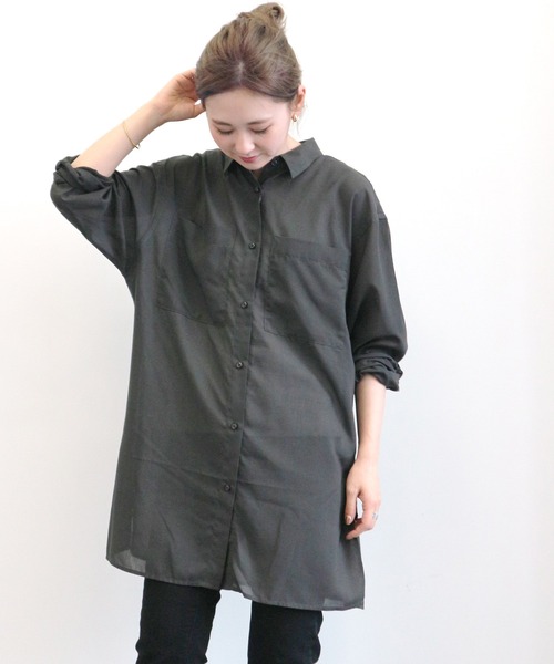 AMERICAN HOLIC（アメリカンホリック）の「BIGポケットシアーシャツチュニック　〇＊（チュニック・レディース・チャコールグレー/ブラウン/サックスブルー/グレイッシュベージュ・FREE）」の11枚目の写真