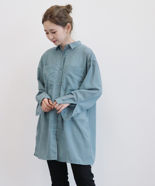 AMERICAN HOLIC（アメリカンホリック）の「BIGポケットシアーシャツチュニック　〇＊（チュニック・レディース・チャコールグレー/ブラウン/サックスブルー/グレイッシュベージュ・FREE）」の10枚目の写真