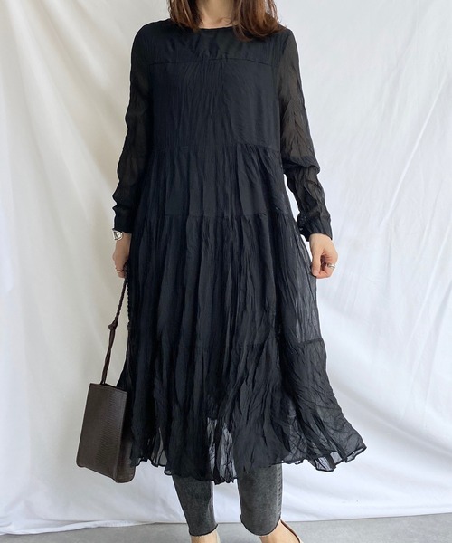 She's Closet(シーズクローゼット)の「シフォンランダムプリーツロングティアードワンピース(ワンピース・レディース・ブラック/パープル系その他・FREE)」の1枚目の写真