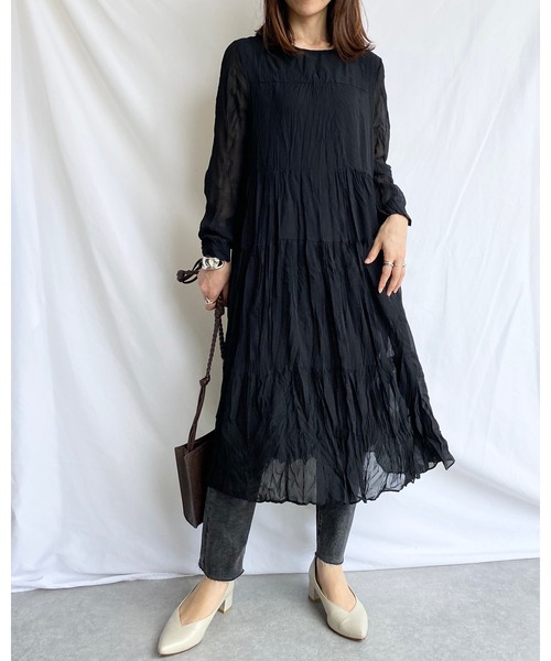 She's Closet(シーズクローゼット)の「シフォンランダムプリーツロングティアードワンピース(ワンピース・レディース・ブラック/パープル系その他・FREE)」の3枚目の写真