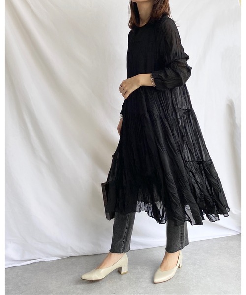 She's Closet(シーズクローゼット)の「シフォンランダムプリーツロングティアードワンピース(ワンピース・レディース・ブラック/パープル系その他・FREE)」の4枚目の写真