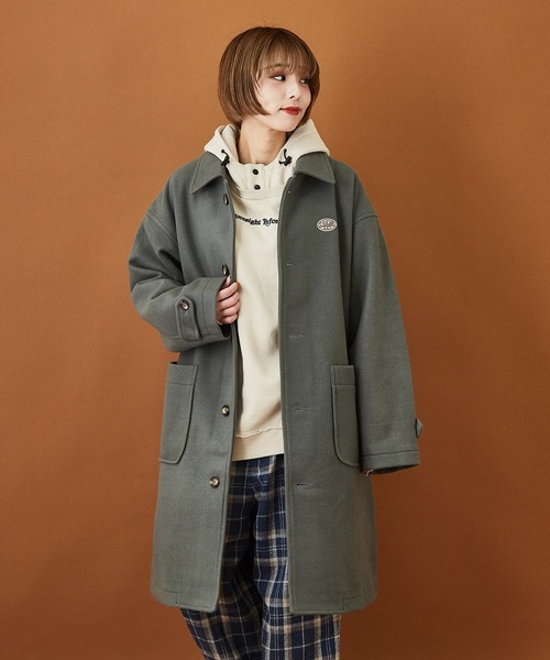 CUBE SUGAR(キューブシュガー)の「ウールジャージ ステンカラーコート(ステンカラーコート・レディース・ネイビー/オレンジ/グリーン/マルチ/マスタード/カラフル・M)」の2枚目の写真