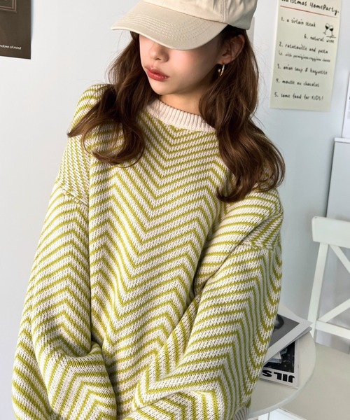 moment+（モーメントプラス）の「【累計販売枚数1万枚突破！】6G ヘリンボーン柄ジャガードニットプルオーバー（ニット/セーター・レディース・ブラック/チャコールグレー/ブラウン/グレイッシュベージュ/ライトグリーン/オレンジ/イエロー×グリーン・FREE/L/M）」の6枚目の写真