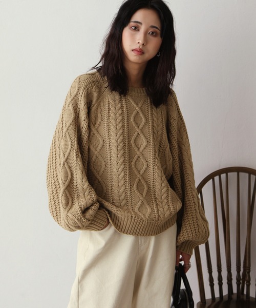 Chillfar（チルファー）の「3G手編み風ケーブルニット（ニット/セーター・レディース・ベージュ/ブラウン/レッド/アイボリー・FREE）」の3枚目の写真