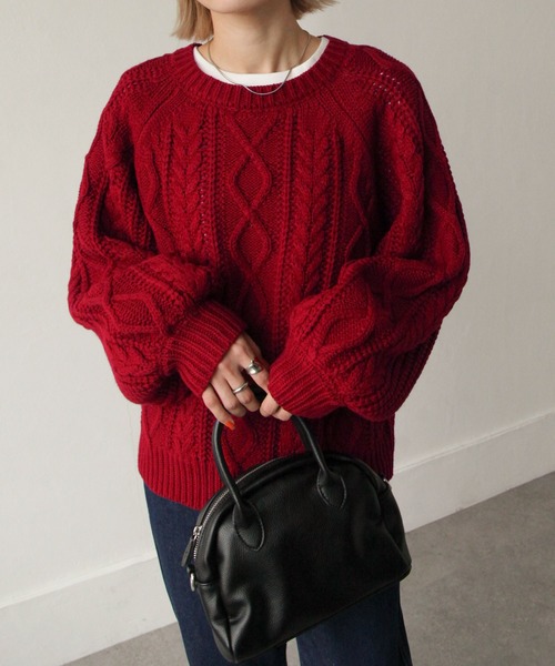 Chillfar（チルファー）の「3G手編み風ケーブルニット（ニット/セーター・レディース・ベージュ/ブラウン/レッド/アイボリー・FREE）」の4枚目の写真