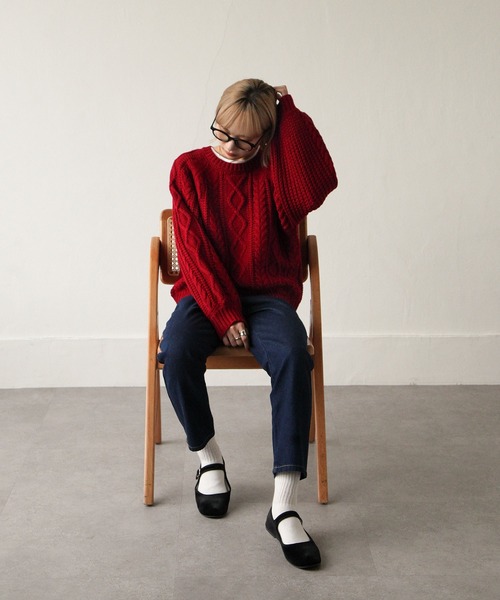 Chillfar（チルファー）の「3G手編み風ケーブルニット（ニット/セーター・レディース・ベージュ/ブラウン/レッド/アイボリー・FREE）」の14枚目の写真