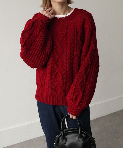 Chillfar（チルファー）の「3G手編み風ケーブルニット（ニット/セーター・レディース・ベージュ/ブラウン/レッド/アイボリー・FREE）」の7枚目の写真