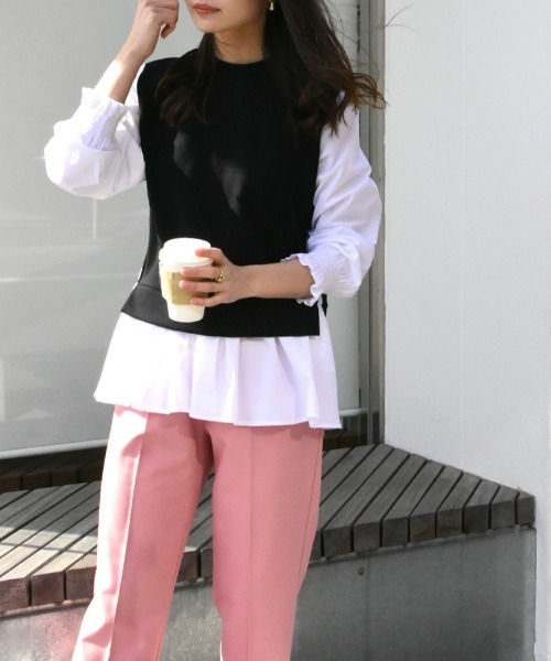 Brownie(ブラウニー)の「Brownie シャツドッキングフレアープルオーバー(Tシャツ/カットソー・レディース・ライトベージュ/モカ/ネイビー/ブラック・FREE)」の2枚目の写真