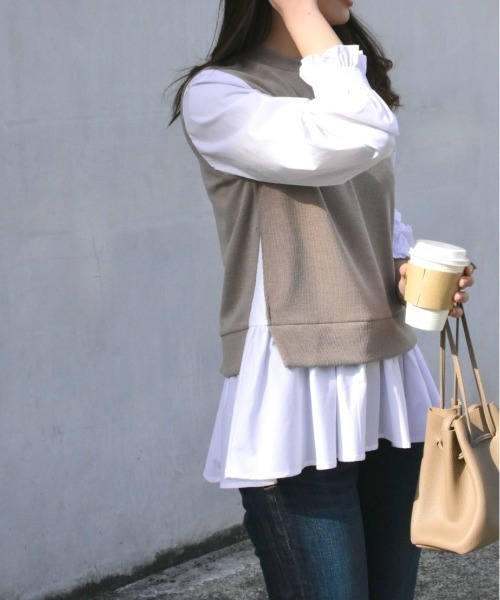 Brownie(ブラウニー)の「Brownie シャツドッキングフレアープルオーバー(Tシャツ/カットソー・レディース・ライトベージュ/モカ/ネイビー/ブラック・FREE)」の12枚目の写真