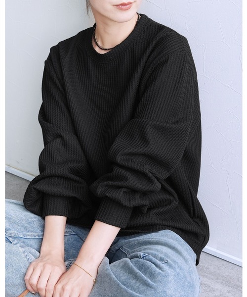 reca(レカ)の「着回力抜群!ボリューム袖ワッフルプルオーバー(スウェット・レディース・グリーン/チャコール/オフホワイト/ライラック/グリーン系その他/ブルー系/ライトグレー/ブラック/ベージュ/モカ・FREE)」の2枚目の写真