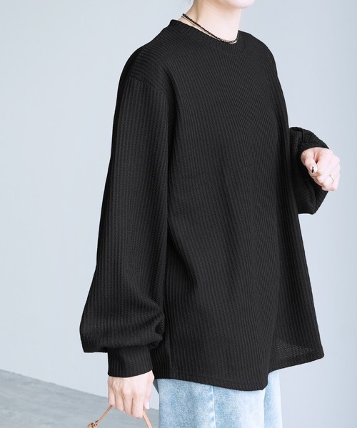 セール】着回力抜群！ボリューム袖ワッフルプルオーバー（スウェット
