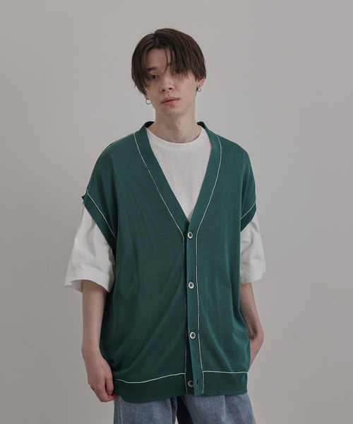 JUNRED(ジュンレッド)の「シアー前開きベストカーディガン(ベスト・メンズ・ブラック/ライトグレー/グリーン・S/M/L)」の5枚目の写真