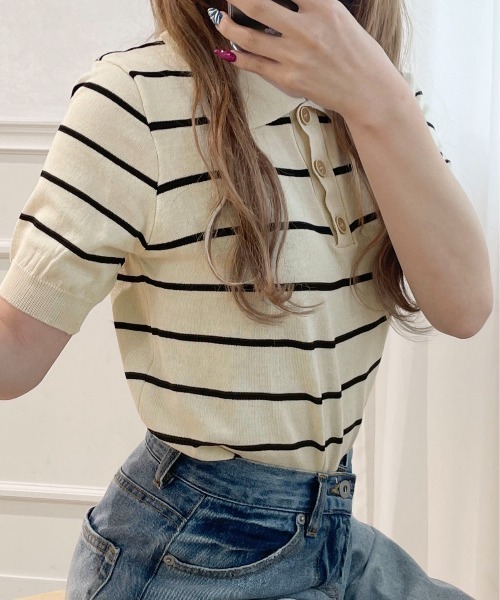 PairPair（ペアペア）の「ボーダーポロニット（ポロシャツ・レディース・ネイビー/アイボリー・フリー）」の5枚目の写真