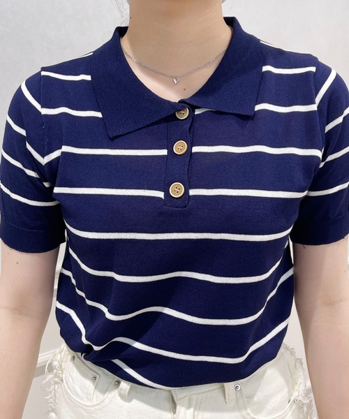 PairPair（ペアペア）の「ボーダーポロニット（ポロシャツ・レディース・ネイビー/アイボリー・フリー）」の9枚目の写真