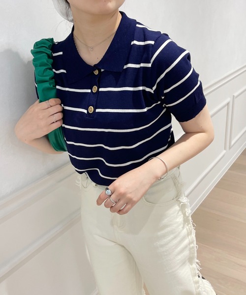 PairPair（ペアペア）の「ボーダーポロニット（ポロシャツ・レディース・ネイビー/アイボリー・フリー）」の13枚目の写真