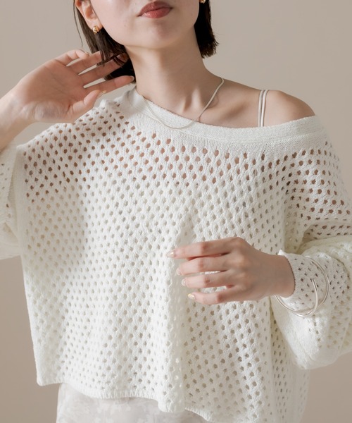 mline（エムライン）の「[mline] メッシュニットプルオーバー（Tシャツ/カットソー・レディース・ベージュ/ブラック/オフホワイト・FREE）」の2枚目の写真