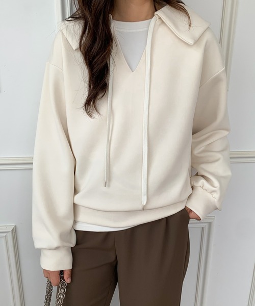 ECLIN(エクラン)の「ビック襟Vネックプルオーバー(Tシャツ/カットソー・レディース・ブラック/ベージュ/カーキ・FREE)」の5枚目の写真