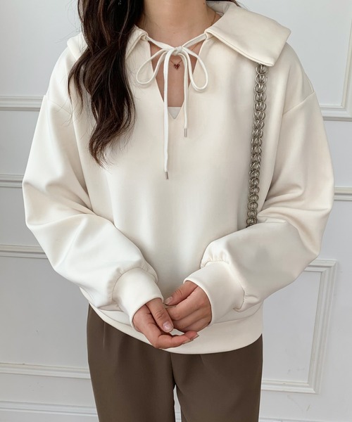 ECLIN(エクラン)の「ビック襟Vネックプルオーバー(Tシャツ/カットソー・レディース・ブラック/ベージュ/カーキ・FREE)」の15枚目の写真