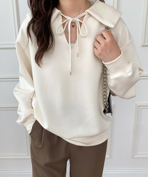 ECLIN(エクラン)の「ビック襟Vネックプルオーバー(Tシャツ/カットソー・レディース・ブラック/ベージュ/カーキ・FREE)」の17枚目の写真