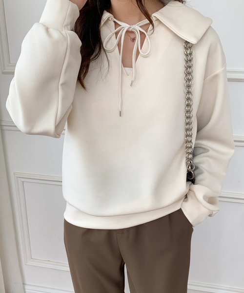 ECLIN(エクラン)の「ビック襟Vネックプルオーバー(Tシャツ/カットソー・レディース・ブラック/ベージュ/カーキ・FREE)」の18枚目の写真