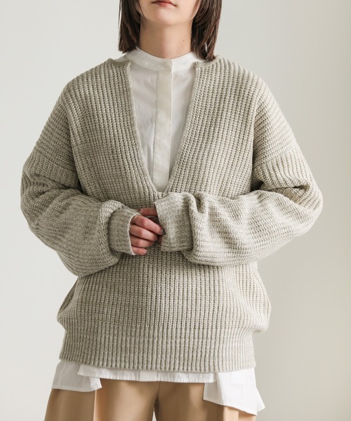 select MOCA(セレクトモカ)の「キーネックミックス編みプルオーバー(ニット/セーター・レディース・グレイッシュベージュ/ブラック・FREE)」の1枚目の写真