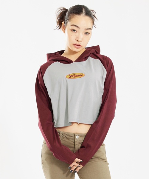 X-girl（エックスガール）の「HOODED RAGLAN L/S TEE（パーカー・レディース・ブラック/グリーン/バーガンディー・S/M）」の3枚目の写真